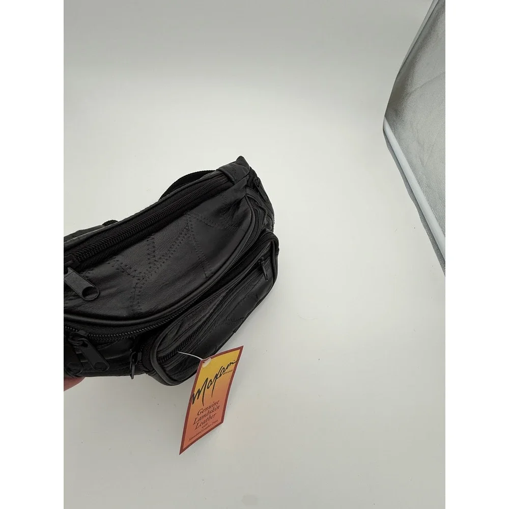 1990s Maxam Genuine Lambskin Leather Fanny Pack Black Multi Pocket Waist Bag NWT - Picture 6 of 14